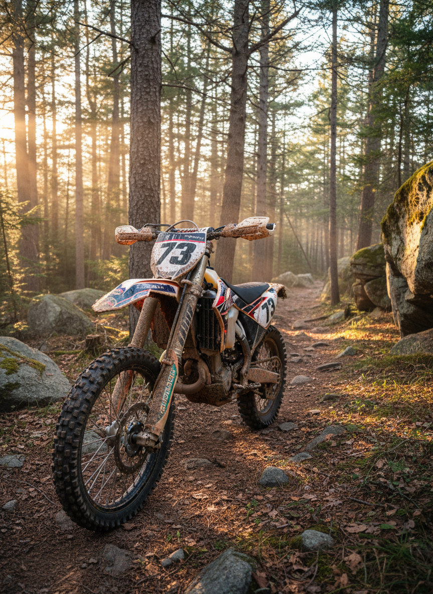 A rugged, mud-splattered dirt bike with knobby tires and a bold number plate parked on a narrow New Hampshire forest trail, surrounded by tall pines and granite outcroppings. The bike’s suspension, chain, and disc brakes are crisp and detailed, showcasing its capability. Late afternoon golden-hour sunlight filters through the trees, catching dust particles in the air and creating long, dramatic shadows across the packed earth and scattered rocks. Shot from a low-angle, three-quarter front view with photographic realism, the composition uses the rule of thirds to emphasize the bike and the winding singletrack disappearing into the background. The mood is bold, adventurous, and inviting, hinting at exploration and community rides in the Granite State woods.