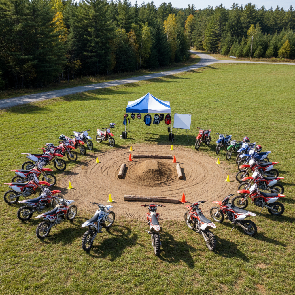 A thoughtfully organized open field event setup featuring a semi-circle of dirt bikes parked on short grass facing a central skills area marked out with bright plastic cones, small log obstacles, and a compact berm section. The scene is framed by New Hampshire’s mixed forest and a gravel access road in the distance. Late-morning natural light creates clear, vibrant colors and defined yet soft shadows, ideal for a training day. Photographic realism from a medium-height, wide-angle perspective shows every detail: tire tracks etched into the dirt practice zone, a portable canopy with spare gear hanging, and a whiteboard-style stand-in represented as a blank board to avoid text. The mood is structured yet fun, emphasizing community skills clinics, progression for all levels, and an inclusive, welcoming club atmosphere.