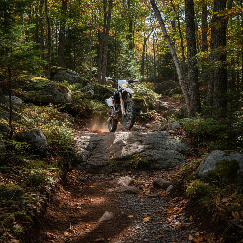 A dirt bike carving a rocky New Hampshire hillside trail, front wheel lifting over a granite ledge in high-contrast midday light.