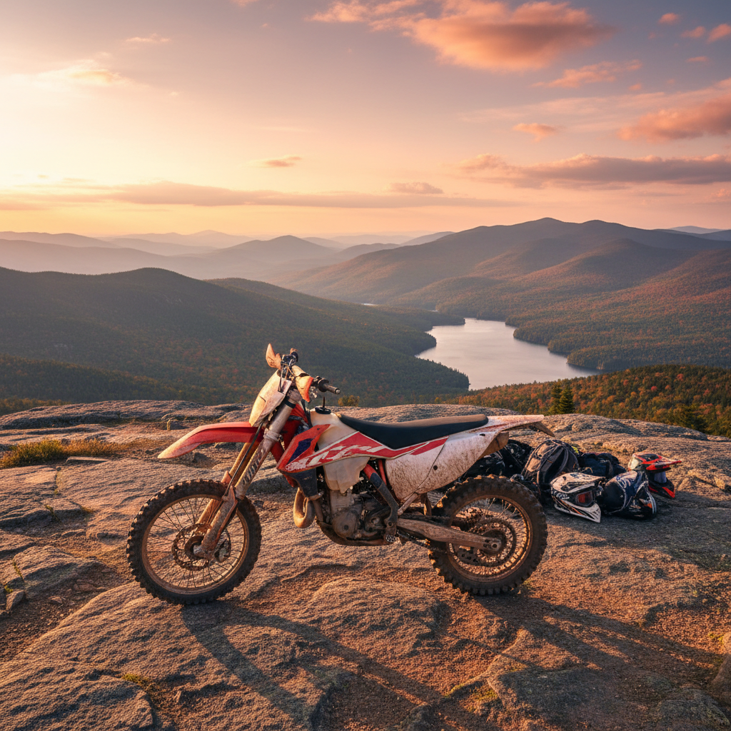 An expansive, photographic realism panorama of a well-used dirt bike resting at a scenic New Hampshire overlook, positioned on a patch of packed dirt and exposed granite, with rolling forested hills and a distant lake stretching to the horizon. The bike’s frame bears subtle scuffs and dried mud, symbolizing many community rides and shared adventures. Warm sunset light bathes the scene in orange and pink hues, creating a soft glow on the plastics and metallic parts, and casting long, dramatic shadows. Shot from a slightly elevated angle with wide depth of field, both the foreground bike and distant landscape are in crisp focus. The atmosphere is bold yet peaceful, capturing the sense of camaraderie, accomplishment, and belonging that comes after a long day of trail riding together.