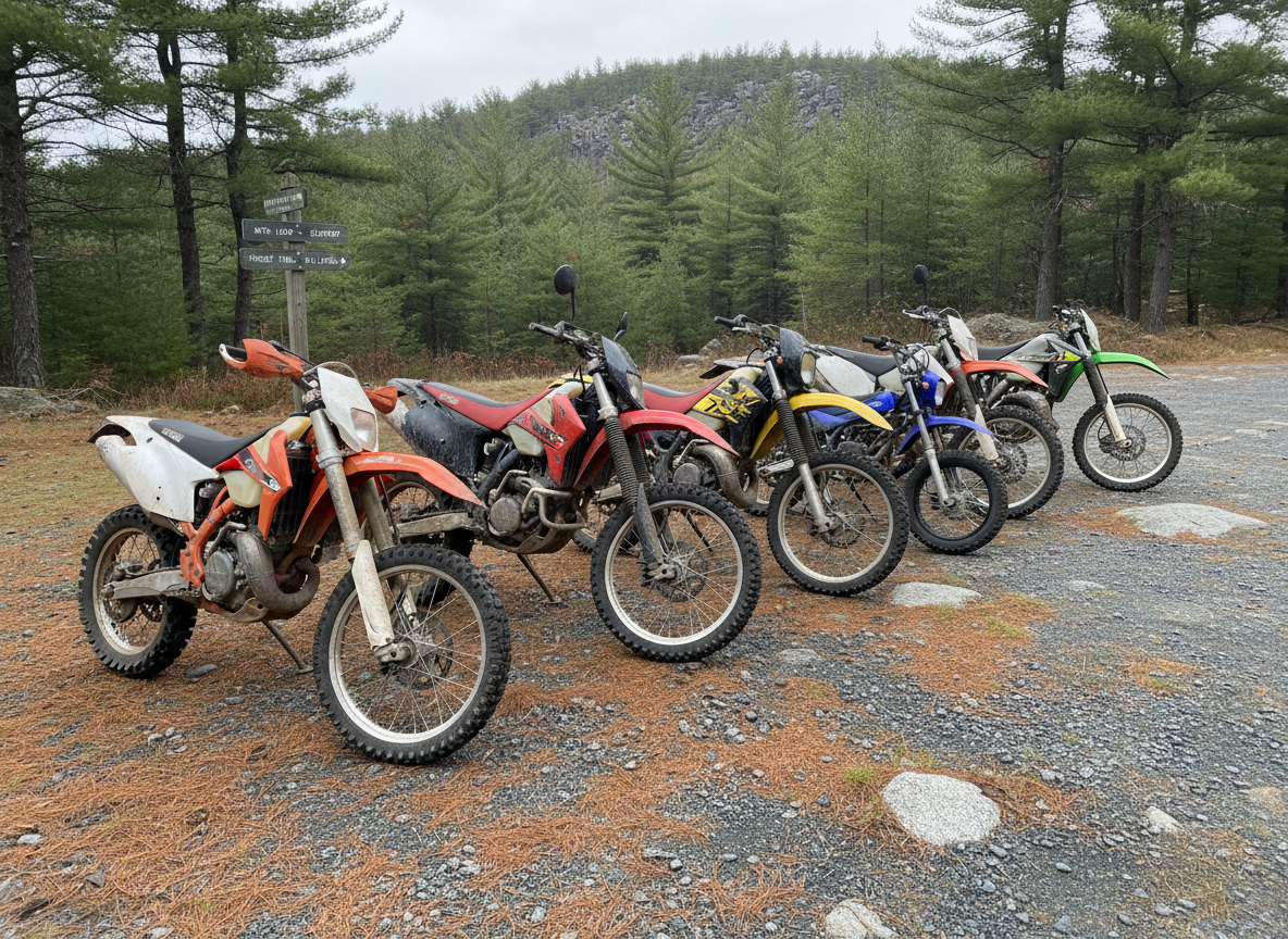 A lineup of several distinct dirt bikes resting side by side at a New Hampshire trailhead clearing, each with different color schemes, tire sizes, and levels of wear that suggest inclusive riders of every skill level. The ground is a mix of gravel, pine needles, and small granite stones, with clearly marked trail signs and a rugged wooded hillside beyond. Overcast, diffused daylight creates even lighting with soft shadows, bringing out the varied textures of plastics, metal, and mud. Photographic realism from a slightly elevated wide-angle perspective captures the entire scene, with the bikes forming a bold diagonal leading line. The atmosphere feels social and welcoming, hinting at a friendly club meet-up ready to hit the trails together.