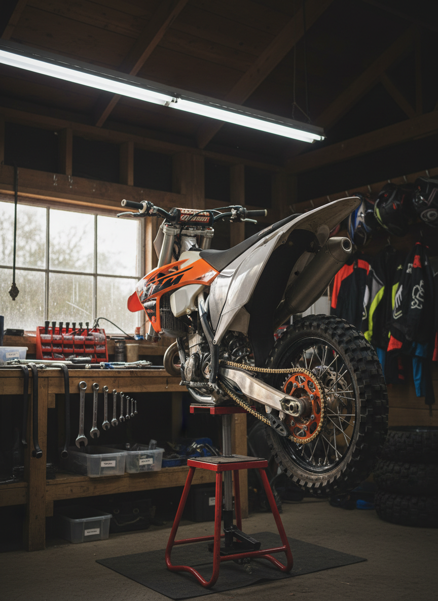 A close-up, photographic realism shot of a dirt bike on a portable stand in a rustic garage or barn-style workshop, with its rear wheel removed to reveal the chain, sprocket, and brake assembly. Tools are neatly laid out on a sturdy wooden workbench, including wrenches, tire irons, and a torque wrench, with small labeled parts trays nearby. Overhead fluorescent and side-window natural light combine to create bright, functional illumination, casting crisp shadows and metallic highlights on the chrome and aluminum components. Shot at eye level with a shallow depth of field, the main focus is on the exposed rear hub and cleanly lubricated chain, while the blurred background shows hanging gear and spare tires. The mood emphasizes hands-on learning, maintenance help, and mechanical confidence.